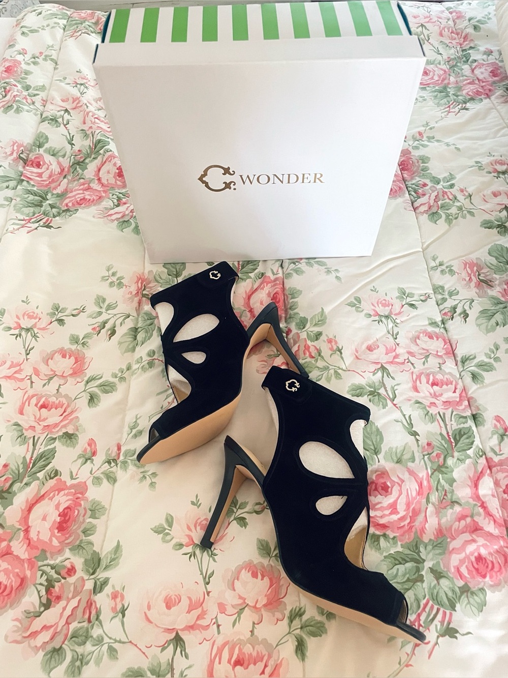 NIB C.Wonder Peep Toe Stiletto Bootie Black Suede w Tear Drop Cut Out Sz 7.5